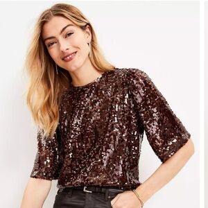 Loft Brown Sequin Scoop Neck Puff Short Half Sleeve Lined Blouse,  sz XL